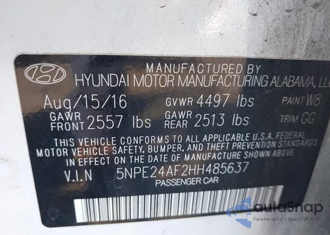 2017 Hyundai Sonata Se z USA, uszkodzony, nr VIN 5NPE24AF2HH485637